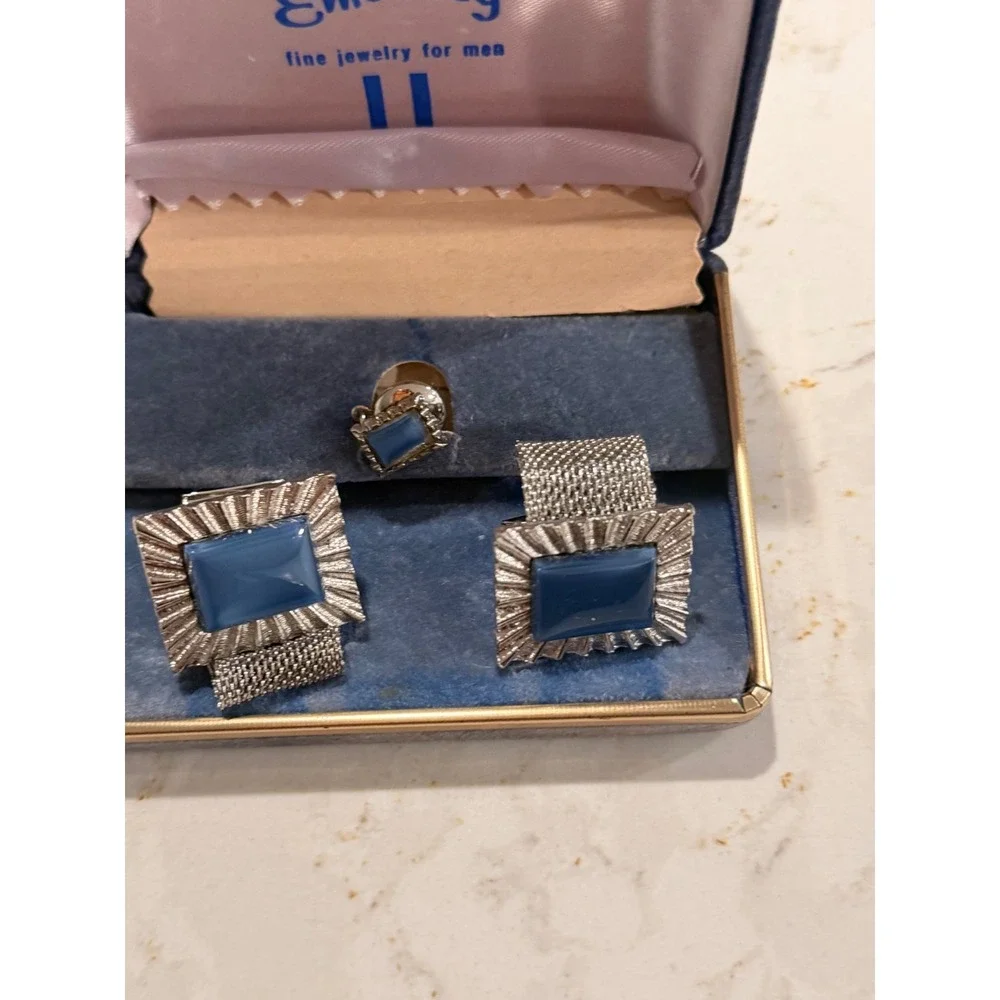 Vintage Embassy Cufflinks and Tie Tack Set Blue Stone Mesh Silver Tone with Box